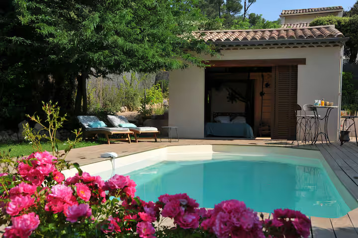 Vue fleurie de la piscine à travers des rosiers roses, montrant le deck en bois, le coin détente et la végétation luxuriante du jardin.